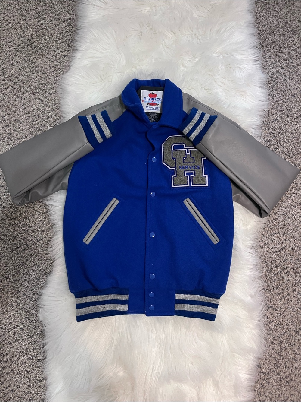 Blue and Gray Kids Letterman Jacket with Service Patch